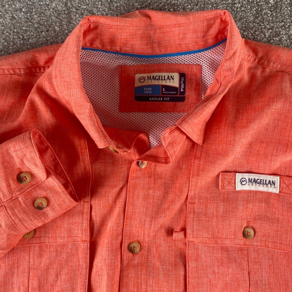 Magellan Outdoors Fish Gear Angler Fit Shirt Mens L Salmon Long Sleeve Fishing